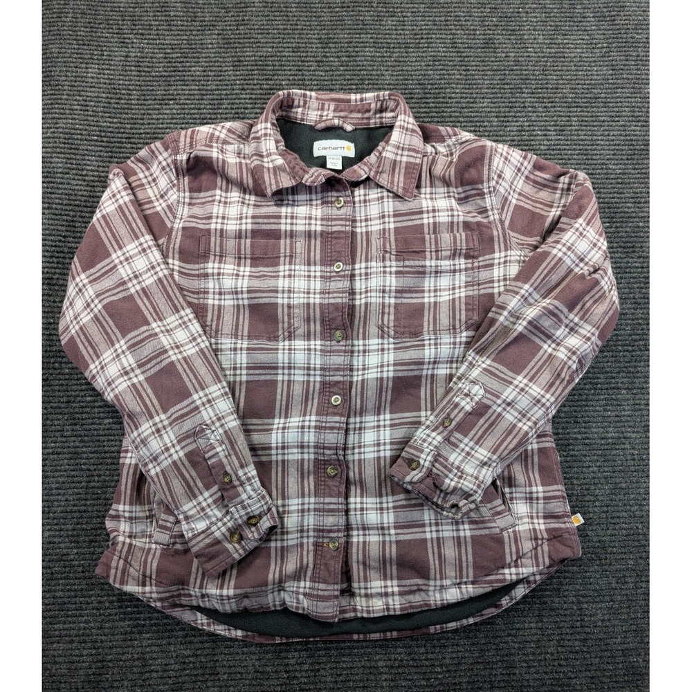Carhartt Rugged Flex Flannel Shirt Womens Medium Burgundy Cotton Fleece Plaid